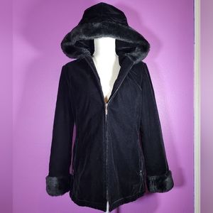WHITE STAG Missy Black Velvet Hooded Full Zip Coat Faux Fur Trim - Size: Medium